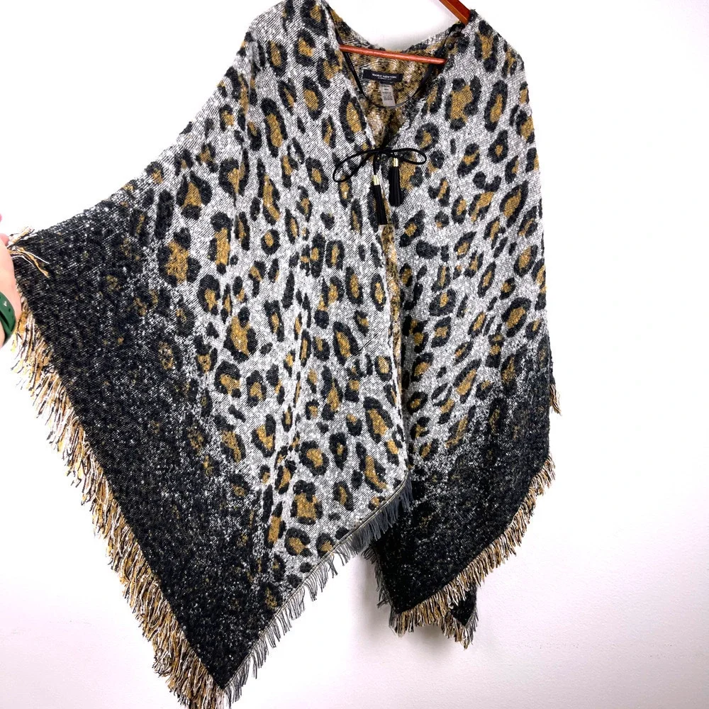 Marc New York Leopard Animal Print Fringed Trimmed Shawl Poncho Scarf ONE SIZE